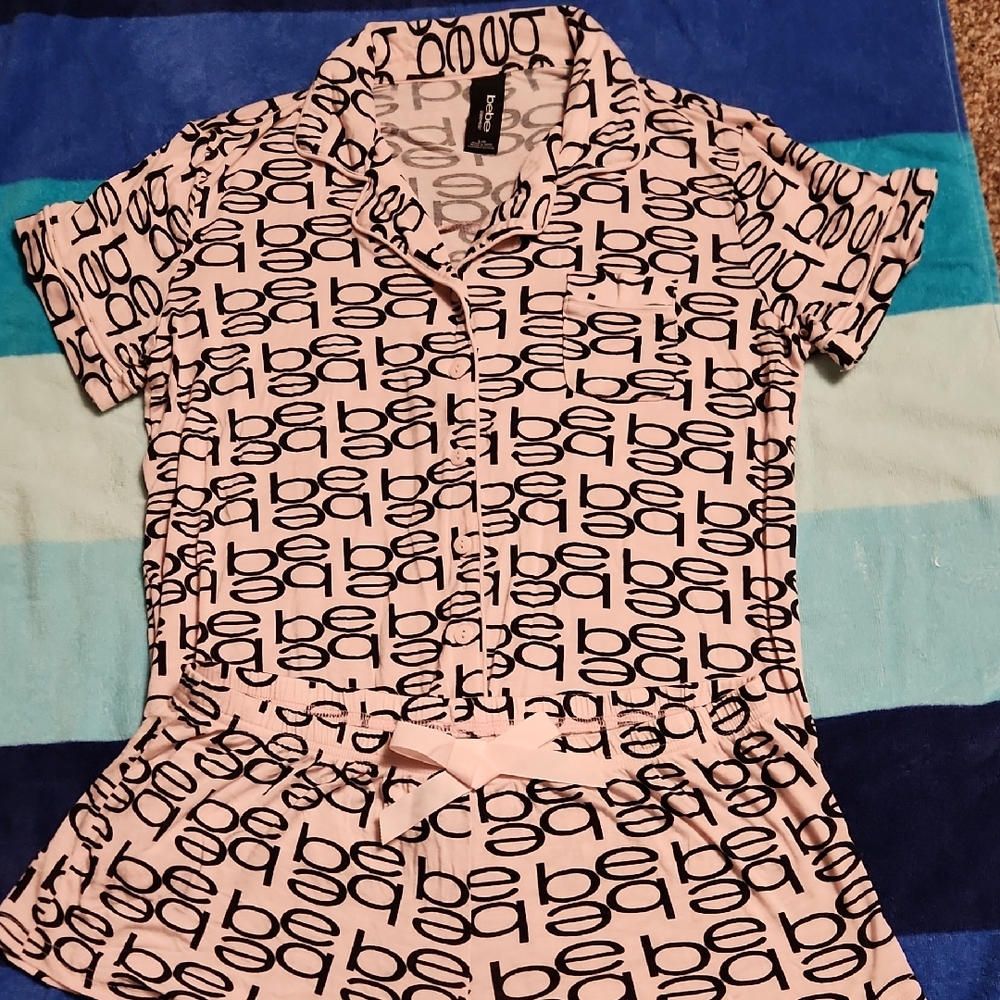 Bebe Pink and Black Logo Print 2 Piece Pajama Set